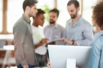 Defocussed image of 4 people working on a digital tablet. Defocussed image of 4 people working on a digital tablet. Multi cultural group with African, mixed race, Asian and Caucasian ethnic groups rep