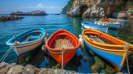 Obraz premium picturesque view of vibrant, colorful boats docked in a calm harbor,