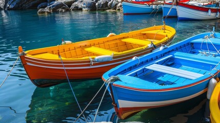 Obraz premium picturesque view of vibrant, colorful boats docked in a calm harbor,