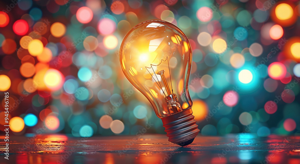Poster a glowing light bulb on a blurred background of colorful lights and bokeh. generative ai.
