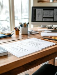 Obraz premium A stylish office workspace with detailed plans on a wooden desk, complemented by a computer and colorful stationery.