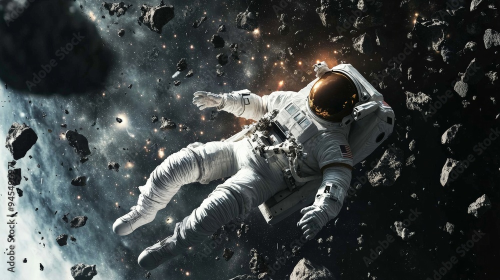 Poster An astronaut in a spacesuit floats through a field of asteroids in the vastness of black space, symbolizing solitude, exploration, and the inhospitable nature of space.
