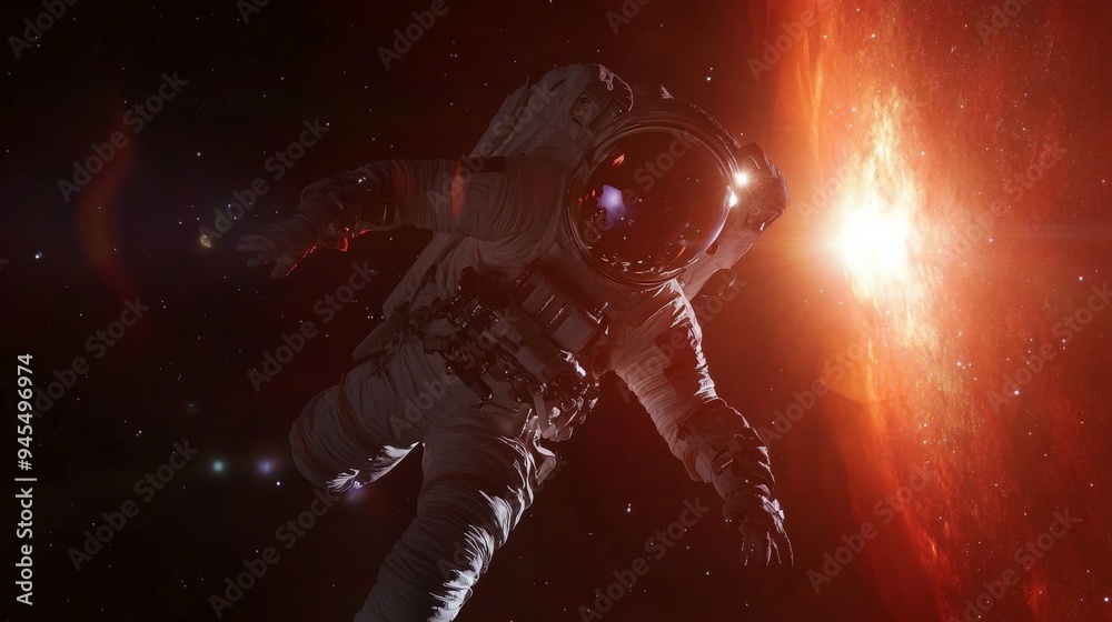 Poster solitary astronaut in a space suit floating near a bright star shining with orange light in the deep