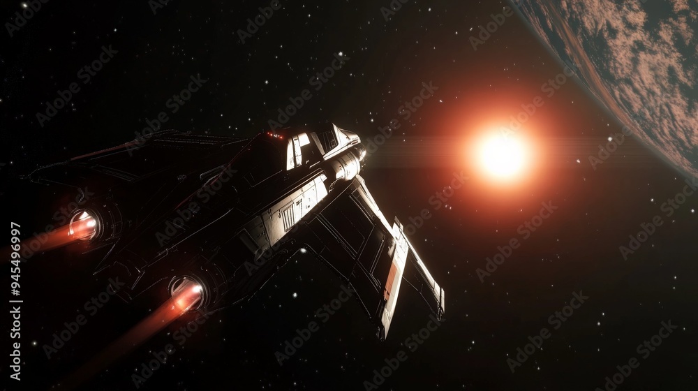 Aufkleber a sleek spacecraft with glowing engines hurtles through space toward a distant planet, representing 
