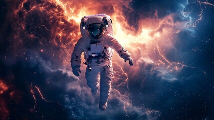 An astronaut in a spacesuit floats in deep space, surrounded by vibrant cosmic clouds, symbolizing the adventurous spirit and the mesmerizing beauty of the universe.