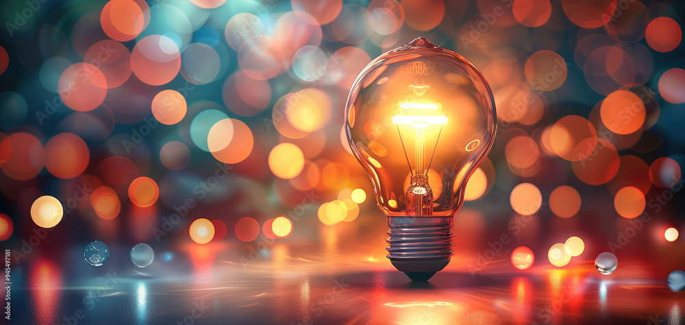 Poster a glowing light bulb on a blurred background of colorful lights and bokeh. generative ai.