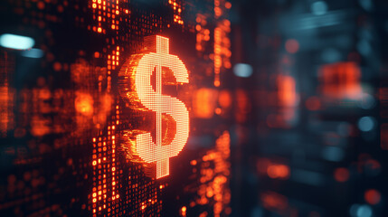 3D dollar sign, digital data background, cyberpunk style, orange and black colors, high resolution, detailed textures of glowing binary code and floating money signs, futuristic at
