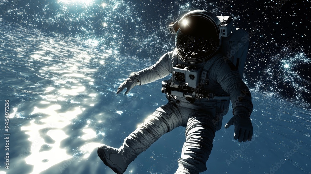 Poster an astronaut floats effortlessly amidst stars and cosmic reflections, capturing the profound beauty 