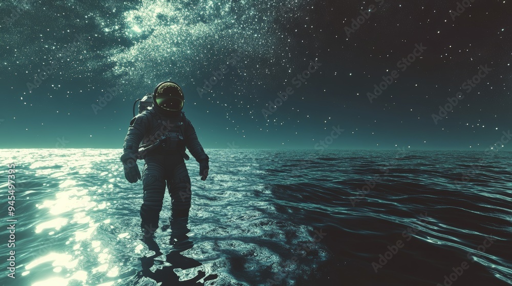 Poster An astronaut in a spacesuit is standing on water beneath a night sky filled with stars, creating a surreal and mesmerizing scene blending space and ocean.