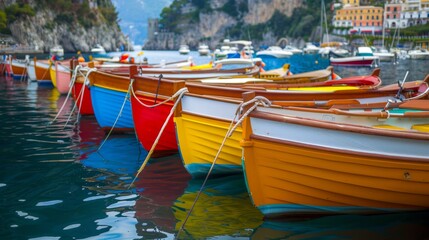 Obraz premium picturesque view of vibrant, colorful boats docked in a calm harbor,