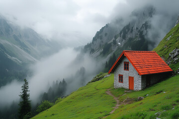 Photo of a small house with a red roof on the side of an alpine mountain, in a foggy weather with a cloudy sky, a wide shot,