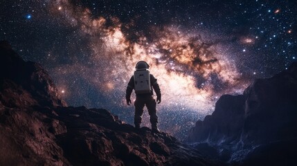 An astronaut in a spacesuit stands on a rocky terrain against a breathtaking cosmic backdrop, highlighting human exploration and the grandeur of the universe.
