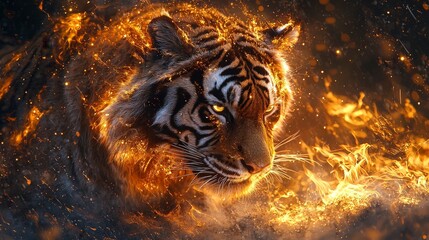 Naklejka premium A fierce tiger surrounded by flames, symbolizing strength and power.