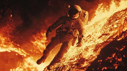 An astronaut is seen floating in the air amidst an erupting volcanic scene, capturing the intense and dramatic environment full of red-hot lava and ash.