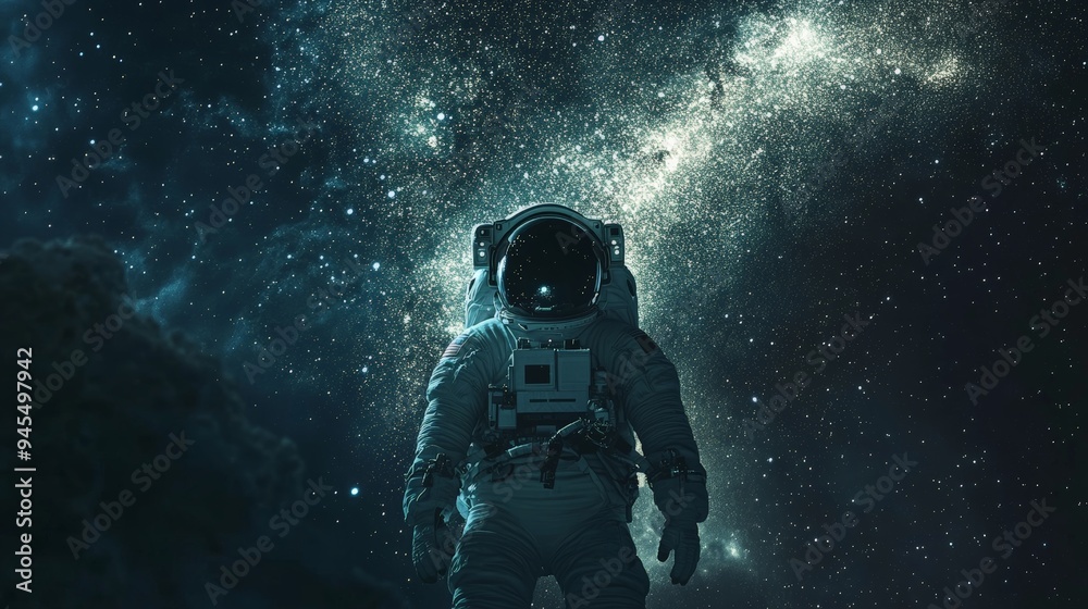 Aufkleber A captivating image of a lone astronaut floating amidst a star-filled background in deep space, emphasizing isolation and the vast uncharted territory of outer space.