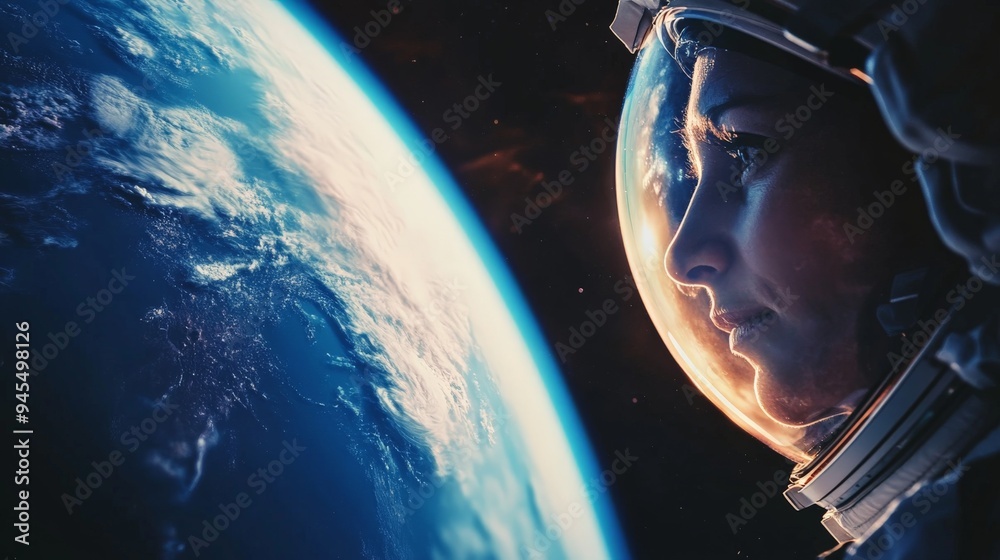 Poster An intimate image capturing a close-up of an astronaut's helmet reflecting Earth in the background, highlighting the human connection to our planet during space exploration.