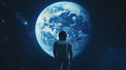 Fototapeta premium A visually striking image of an astronaut admiring the Earth from a lunar-esque distance, symbolizing the incredible feats of space travel and human curiosity.