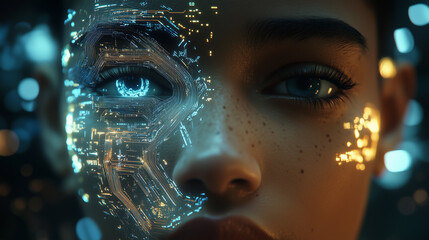 Woman with digital elements overlaid on their face, such as circuit patterns or holographic displays. digital overlay