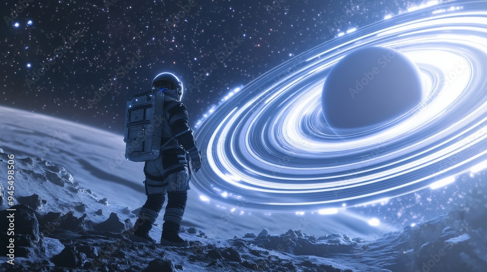 Poster an astronaut on an alien landscape gazes at an enormous ringed planet in the distance, evoking a sen