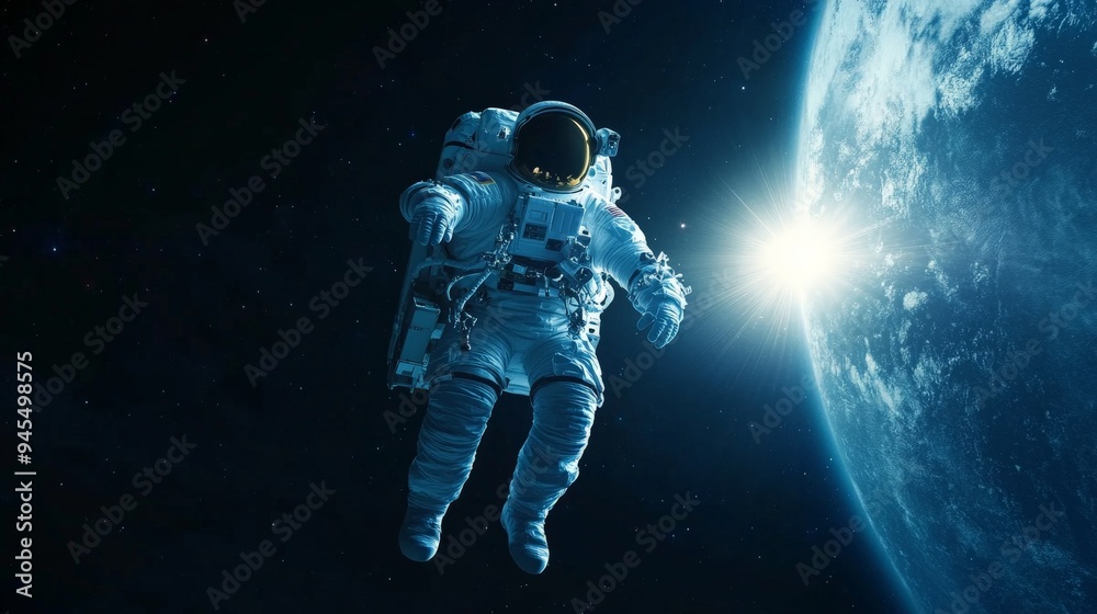 Poster an astronaut floats in the deep expanse of space with earth illuminated in the background, symbolizi
