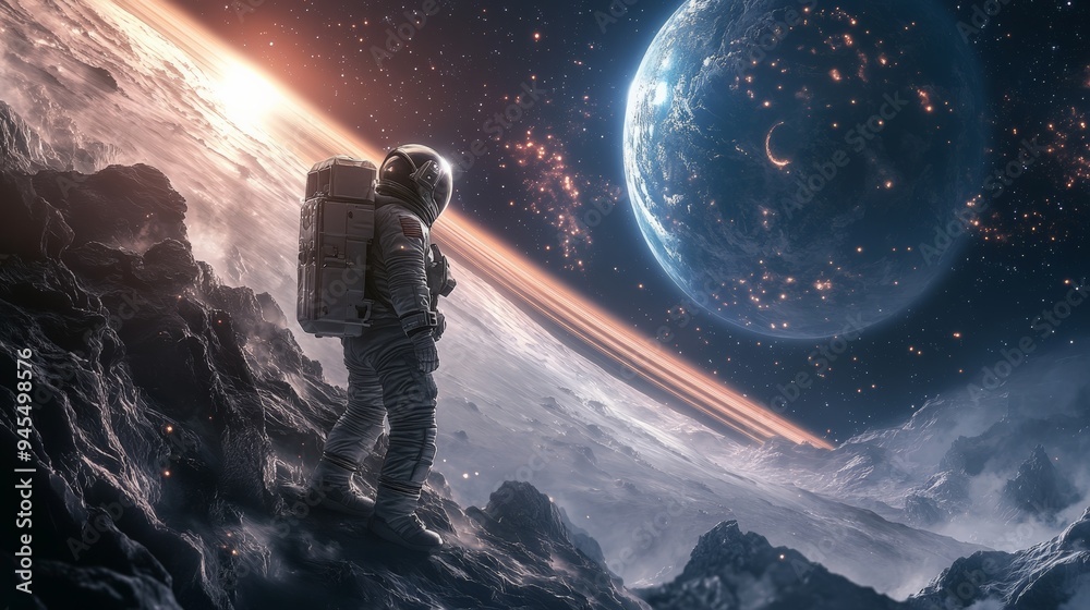 Poster a lone astronaut stands on a rugged extraterrestrial surface, looking out at a distant ringed planet