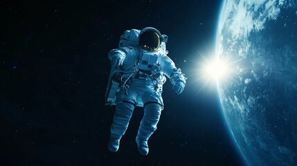 An astronaut floats in the deep expanse of space with Earth illuminated in the background, symbolizing human exploration, adventure, and the quest for knowledge.