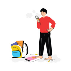 Student smoking during study, with scattered school supplies