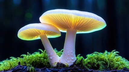 Glowing mushrooms in a dark enchanted forest, bioluminescent glowtime, otherworldly and mystical, natures hidden wonders