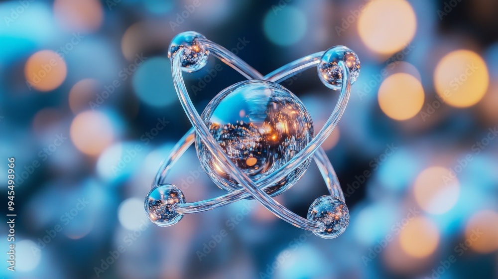 Poster a shiny silver atom model with a bokeh light background, showcasing the beauty of molecular structur