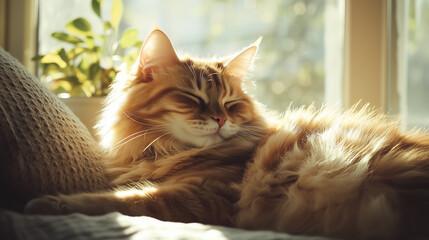 Obraz premium Fluffy cat lounging comfortably in a sunbeam streaming through a window. The cat's fur is glowing in the warm light