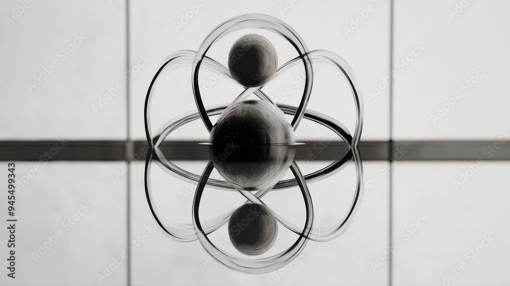 Aufkleber A monochrome artistic composition featuring transparent glass spheres and fluid arcs, creating a symmetrical and elegant visual effect on a reflective surface.
