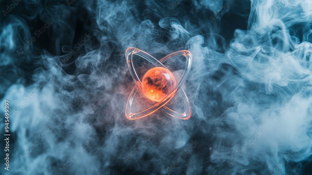 Aufkleber a glowing atomic structure with an orange core, encircled by transparent rings and set against a bac