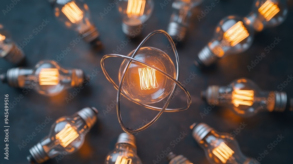 Poster A creative representation of an atomic structure where the central element is an illuminated light bulb, surrounded by additional glowing bulbs and set against a dark backdrop.