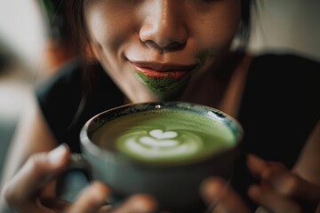 happiness designer women with her hot matcha latte lover Close up of Thai designer women while drinking hot green tea matcha latte at the coffee shop with dirty lip