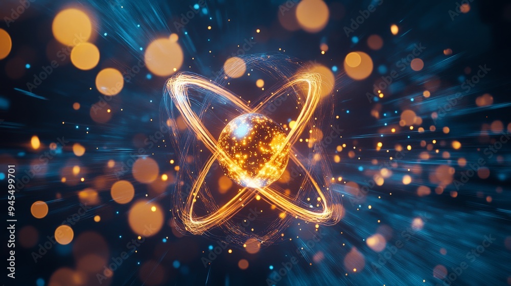 Poster an eye-catching image of an atomic structure bursting with energy, featuring energetic electrons in 