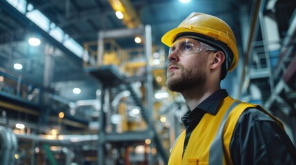Man in a hard hat and safety glasses on a construction site or workplace