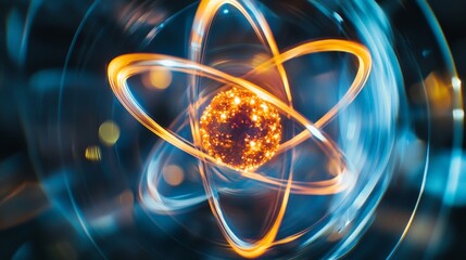 A dynamic image showing a central atomic nucleus with lively golden electron orbits around it, highlighting the complexity and beauty of atomic structures.