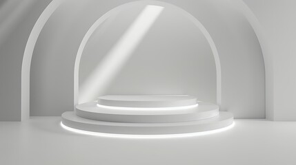 Round podium illuminated by spotlights. 3D render. White background.