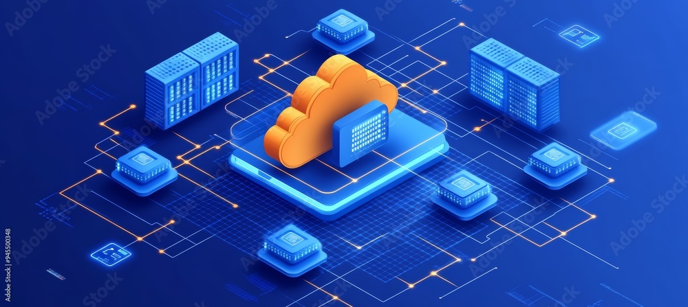 Wall mural cloud computing and data storage network a 3d isometric illustration on a blue background