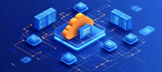 Cloud Computing and Data Storage Network A 3D Isometric Illustration on a Blue Background