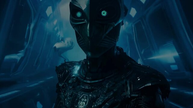 Futuristic robot is walking in a spaceship corridor and approaching earth
