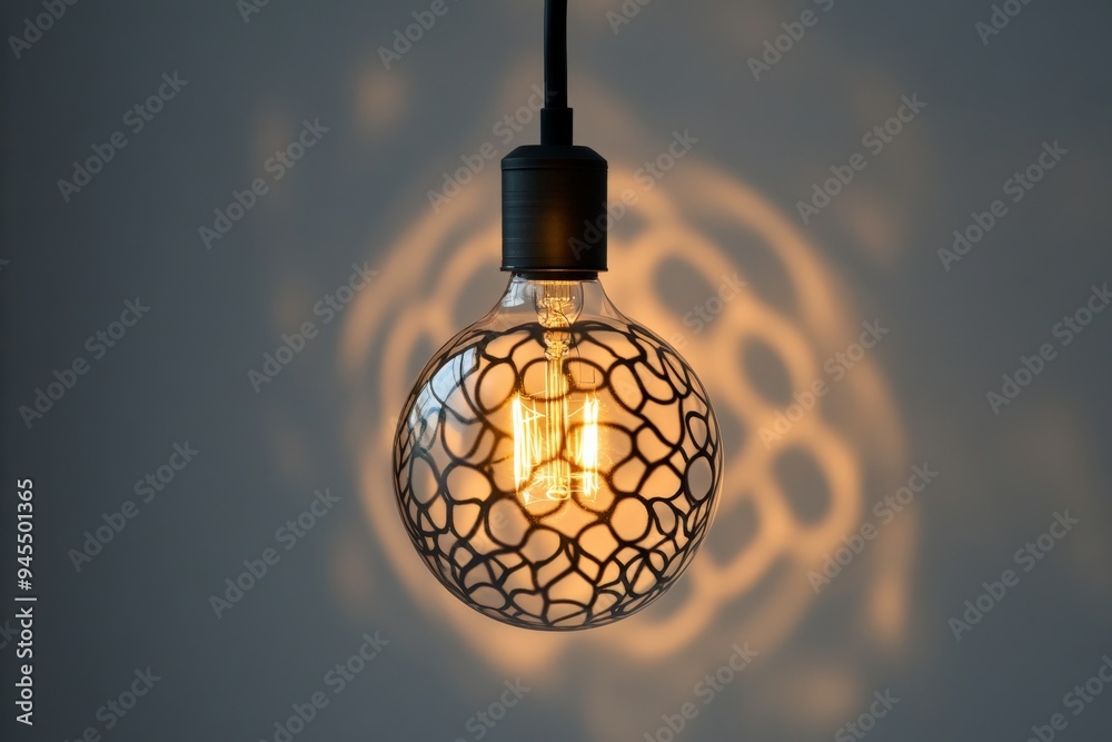 Poster A hanging bulb lamp with an intricate metal pattern projects mesmerizing shadows on the wall, adding a decorative element to the room and showcasing creative lighting design.