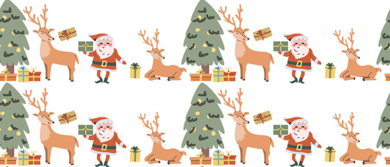 Fototapeta premium Happy Holidays seamless pattern with reindeer. Cute childrens animal background for winter holiday. Deer with fir tree traditional xmas pattern with cartoon hand drawn character.