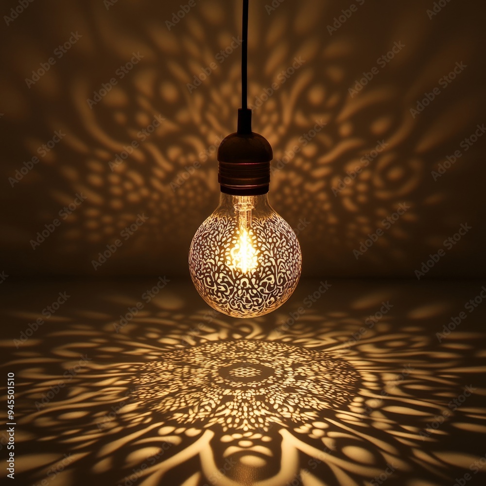 Poster a vintage-inspired light bulb with detailed design projects intricate shadows on the wall, blending 