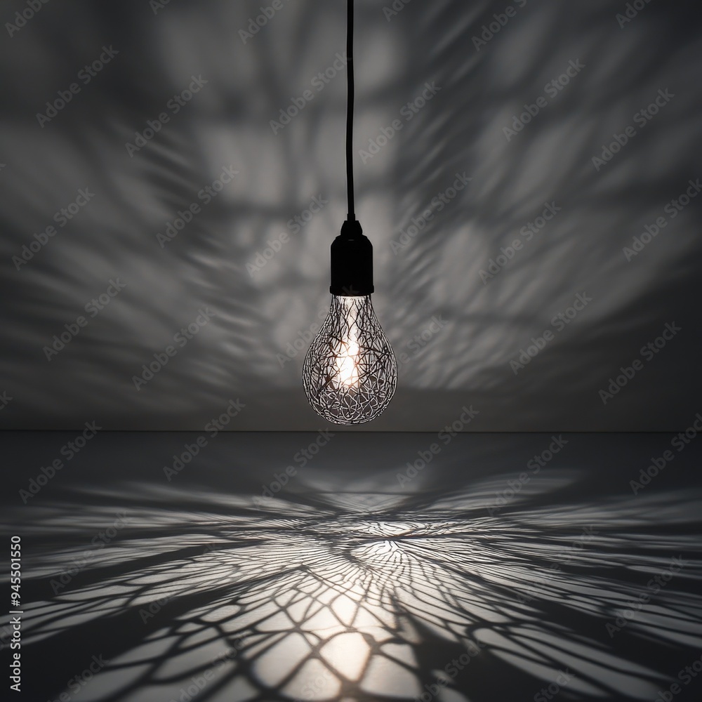 Poster A single hanging light bulb enclosed in a wireframe structure, casting dramatic and intricate shadows on the surrounding surfaces, creating a beautiful play of light and shadow.