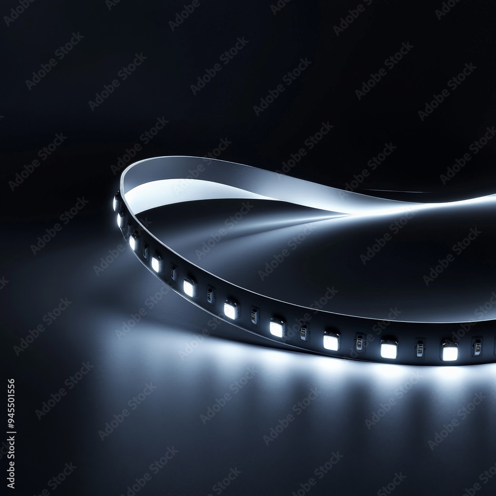 Poster A flexible LED light strip glowing in a bright white color arranged in a curved shape, emitting a continuous and smooth light, suitable for various decorative and lighting purposes.