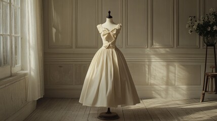 Elegant ivory dress with small bow designs, artfully displayed on a vintage dress form in a well-lit room with a neutral background.
