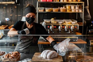 Bakery owner wiping down surfaces wearing mask. Bakery owner wiping down surfaces wearing mask, following protocol against the propagation of Covid-19. She is dressed in black wiping the protective pl