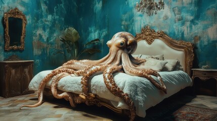Octopus on a bed in a surreal scene, where fantasy meets reality in an unexpected and artistic composition.
