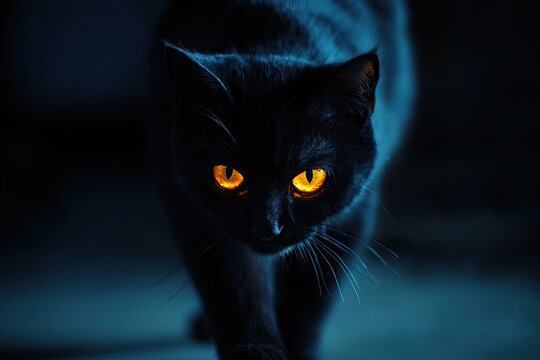 Black cat with orange eyes in the background of lights